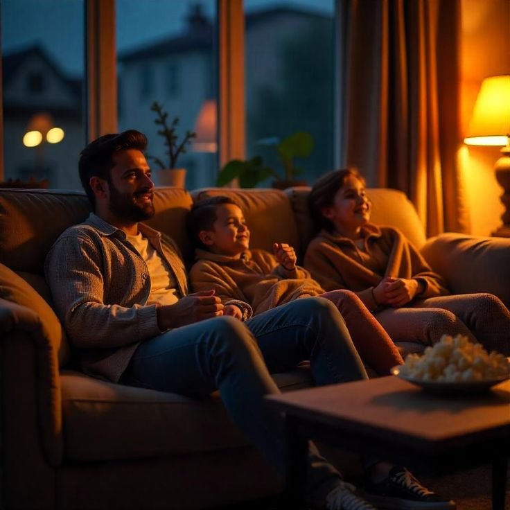 Familie som opplever internet TV i stuen